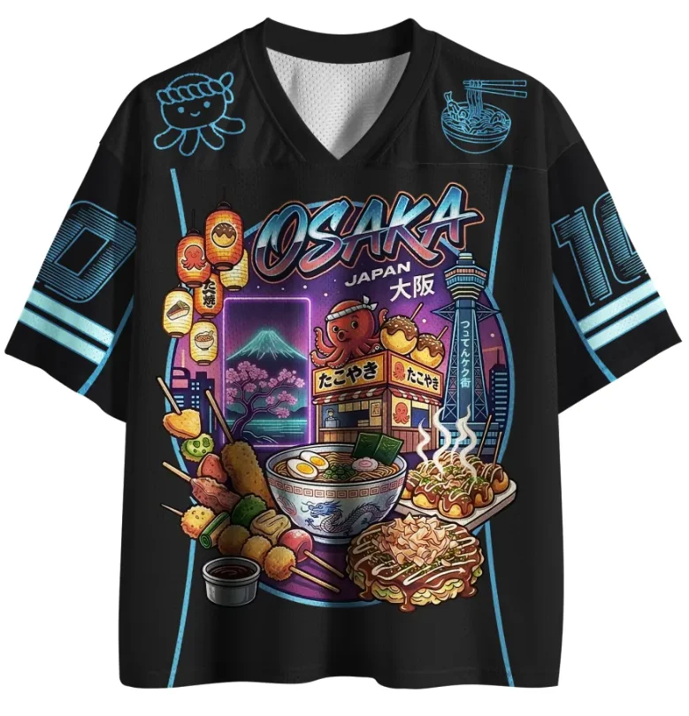 3D Printed Osaka Japan 10 Japanese Food Neon Ball T-shirt for Men and Women Breathable Mesh V-neck Short Sleeved Streetwear Top