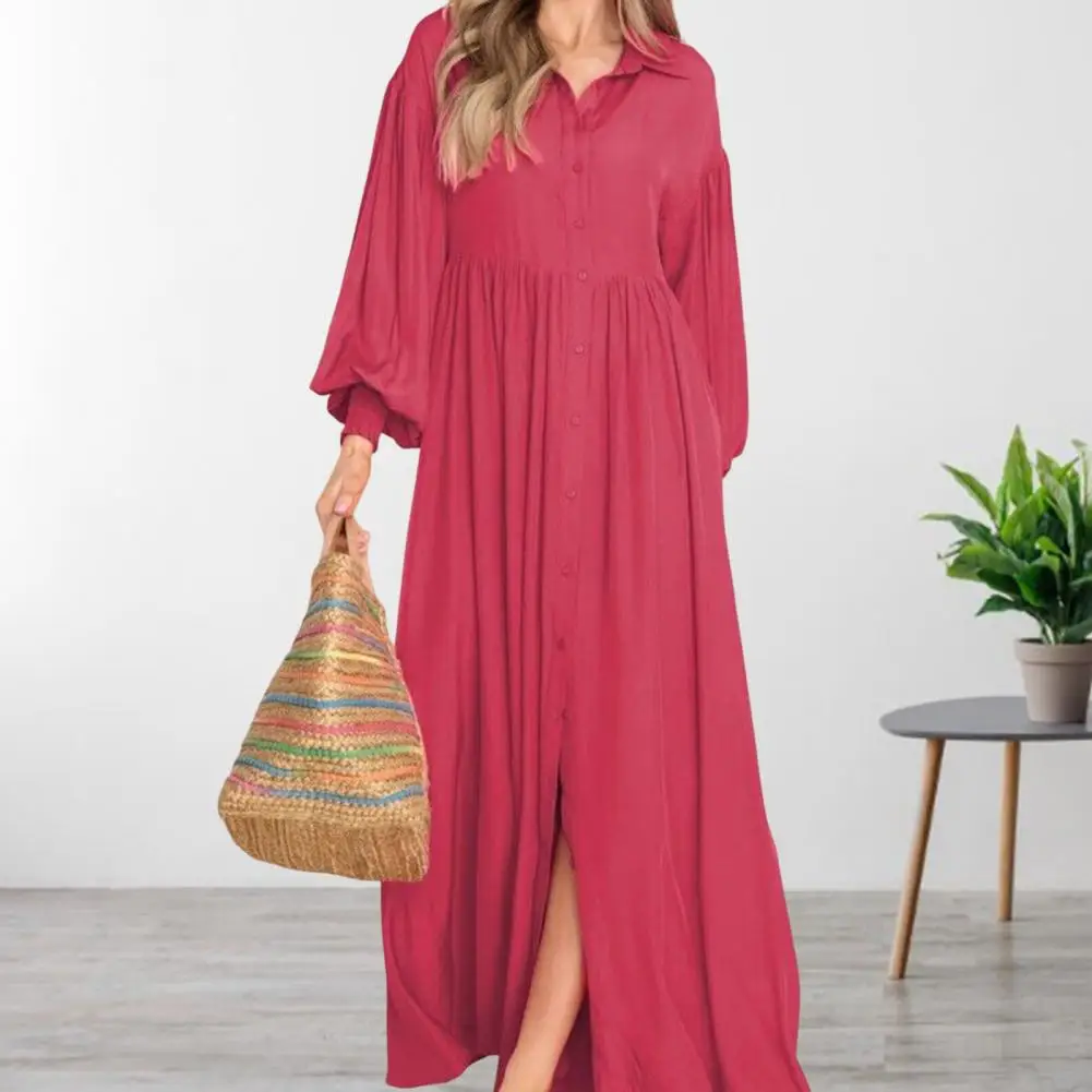 

Lantern Sleeve Dress Women Flowing Long Dresses Elegant Maxi Dress with Pleated A-line Silhouette Turn-down for Women for Fall