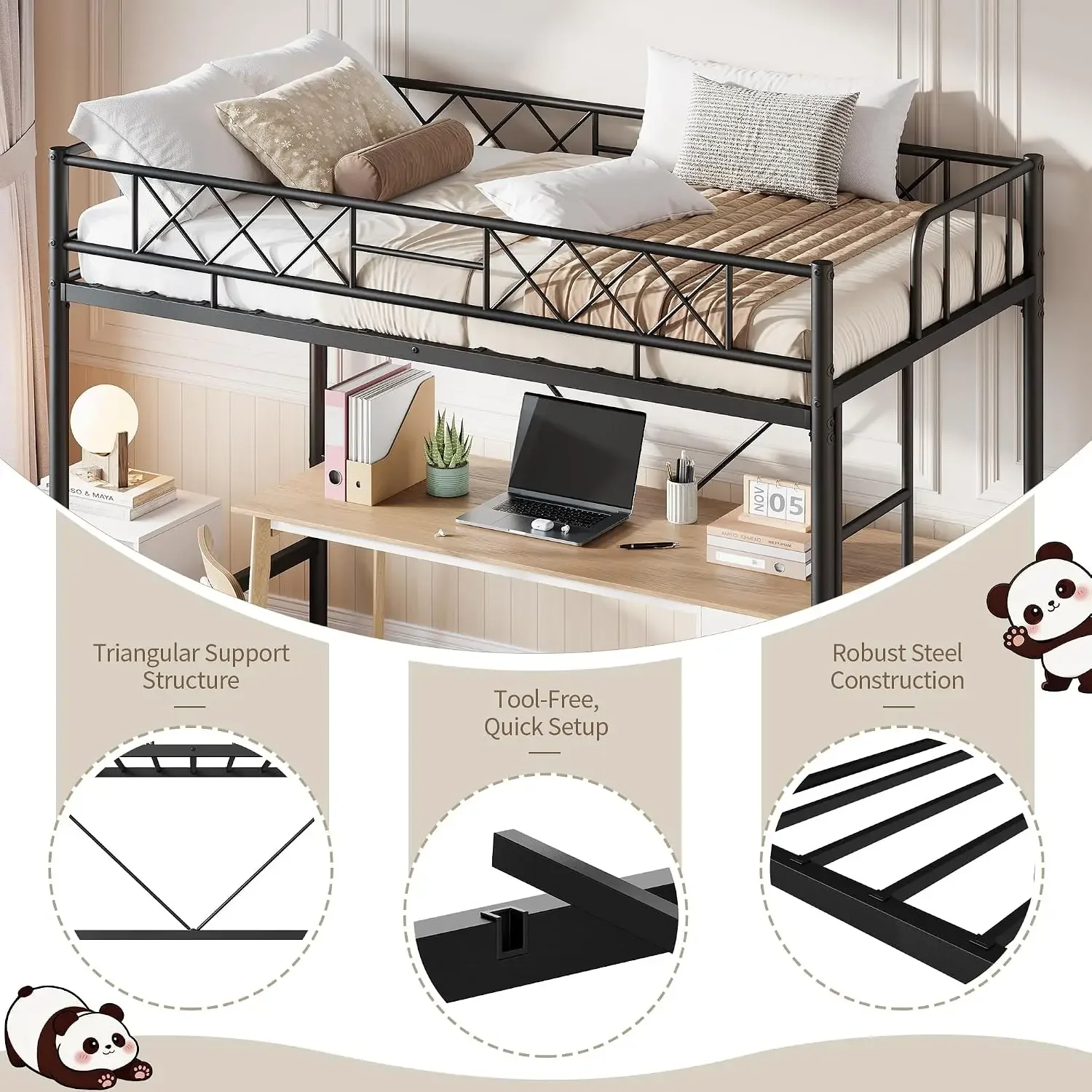 Garvee Twin Over Twin Bunk Bed for Adults with Stairs Bedroom Furniture Heavy-Duty Metal Frame with Full-Length Guardrails & Sturdy Slats