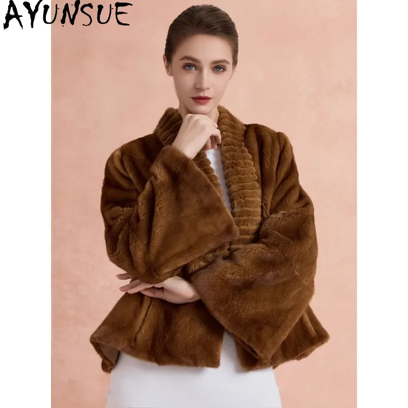 AYUNSUE Real Fur Coat Woman Luxury Fur Jacket Saga Whole Mink Fur Coats Woman New in Outerwears Elegant Woman Clothes Fourrure