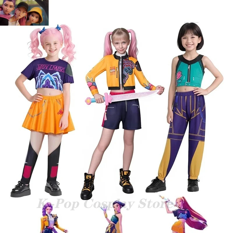 

KPOP Demon Mira Huntrix Hunters Kids Clothes Girls Rumi Zoey Mira Cosplay Clothes Elegant Dress Anime Outfit Full Set Halloween