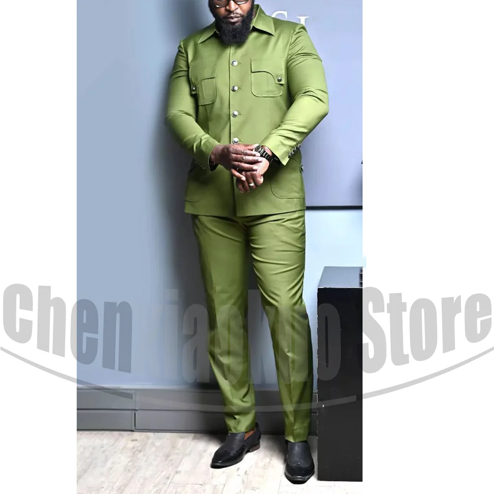 Men Suits Military Style Long Sleeves Single Breasted Outfits with Pockets Formal Evening Party Daily Casual Male Suit 2 Piece