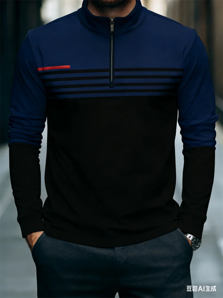 الأعمال عادية الرجال نصف البريدي الوقوف طوق قميص ثلاثية الأبعاد مخطط كتلة اللون ملابس منقوشة بكم طويل بلايز الشارع الاتجاه اليومي بلوزات #3