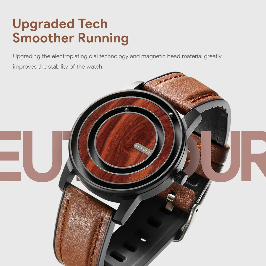 Eutour-Unisex Magnetische Kralen Horloge, Analoog Houten Horloge, Pu Lederen Band, Uniek Pointer Design, Herenhorloge