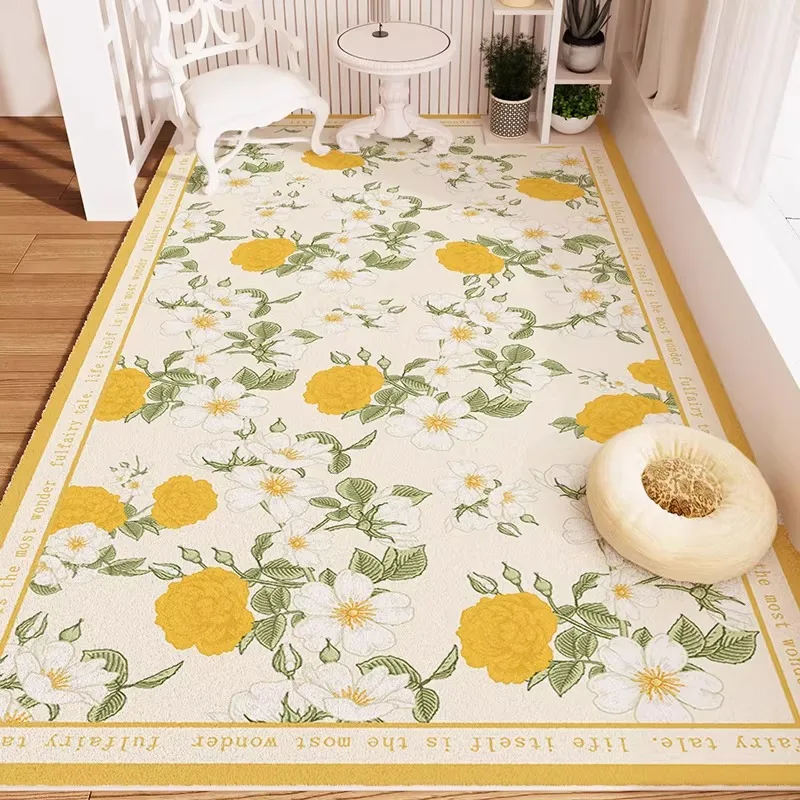 Living Room Carpet Machine Washable Non-slip Soft Floor Mat Yellow Floral Rug Bedroom Bedside Rugs Large Area Home Decor Carpets