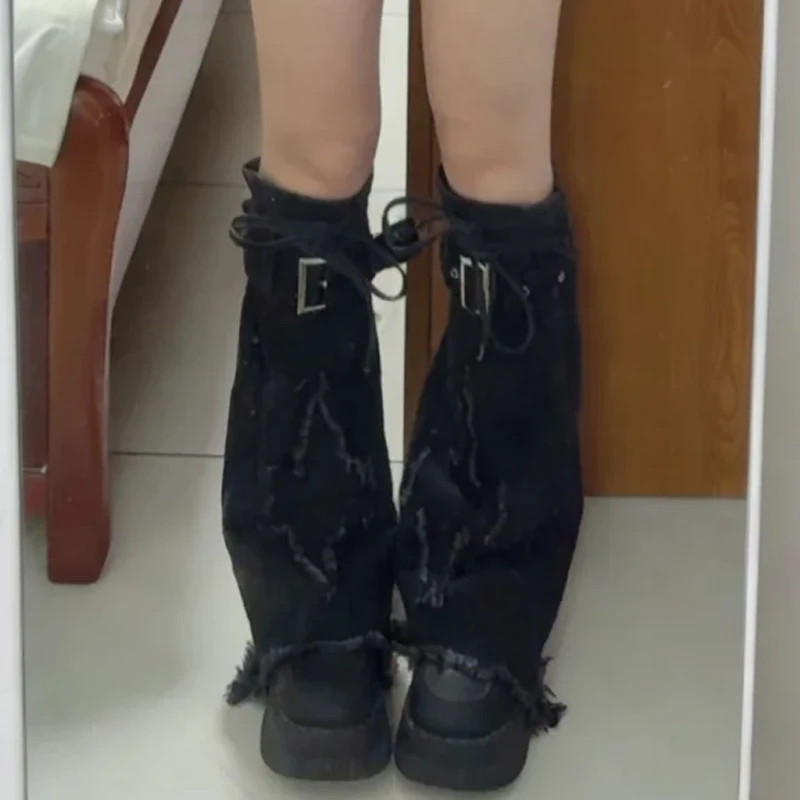 Gothic Cross Denim Women's Leg Covers Subculture Harajuku Embroidery Drawstring Strap Boot Socks Streetwear Legs Warms Covers