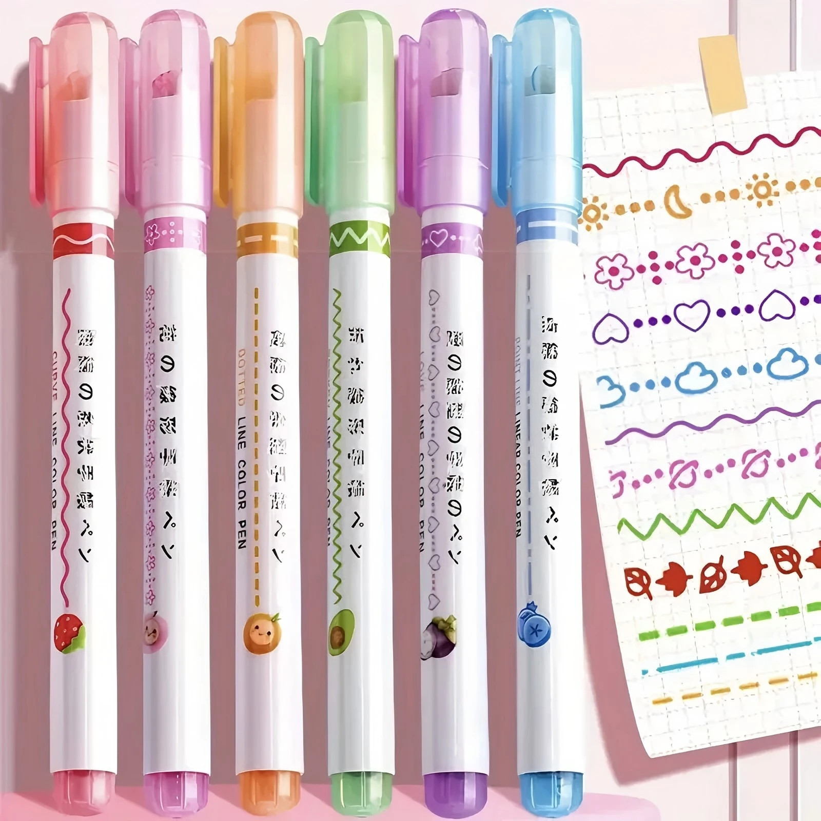 6 Colorful Highlighters - Flower-Shaped Outline Pens - Curve Pens for Handwritten Reports and Journals - Fine Wave Marker Pens - Student Marker Pens