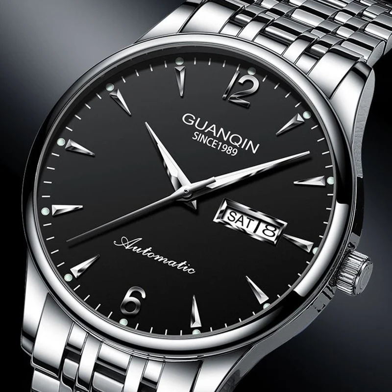 GUANQIN Luxury Men Mechanica Watch l Stainless Steel Case Dual-language Calendar Business Leisure Luminous 30M Waterproof Watch