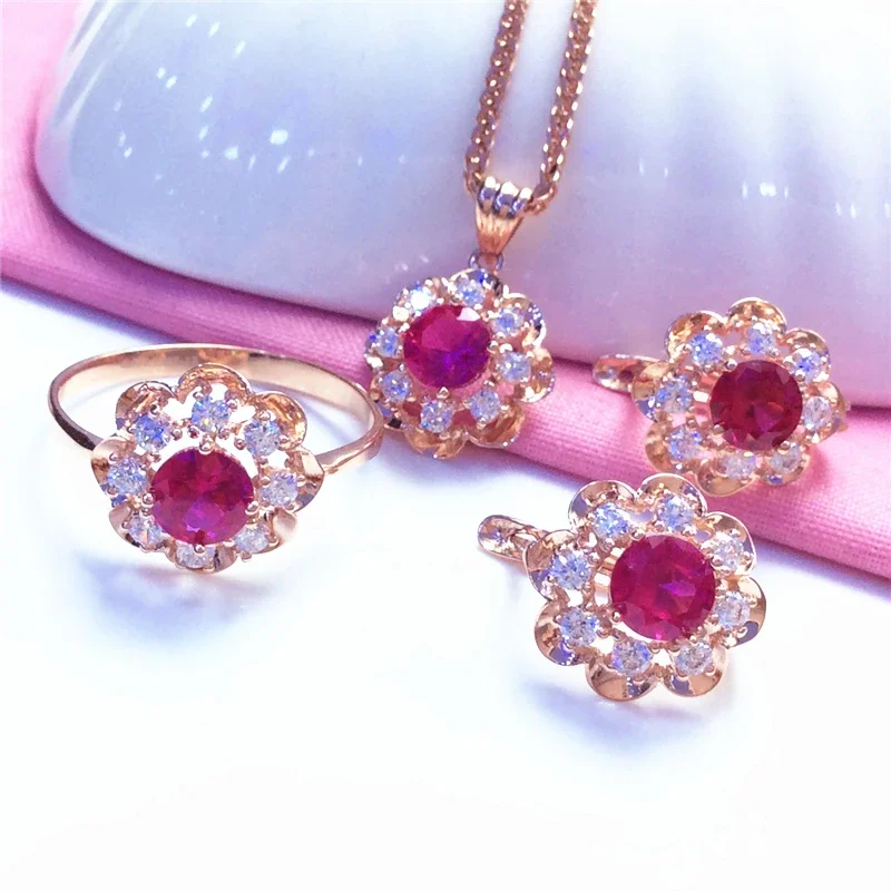 Romantic style exquisite two tone sparkling ruby cherry blossom flower jewelry sets for women luxury wedding engagement