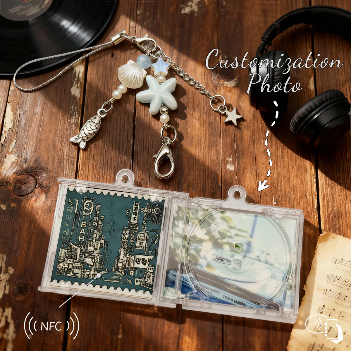 NFC Playable Mini CD Keychain, Custom Personalized Photo, Ocean‑Themed Shell Starfish Bag Charm, Beach‑Style Music Gift
