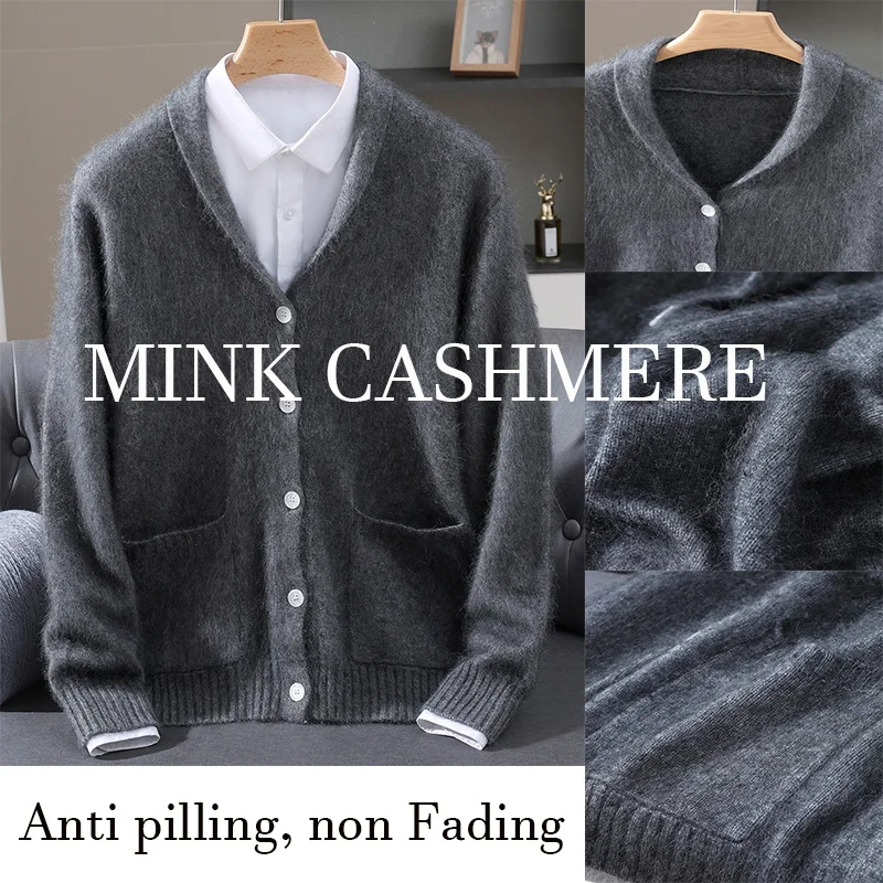Cashmere Warm V-neck Men's Knitted Cardigan High Luxury Thick Korean Version Business Casual Autumn/Winter Coat Simple Sweater
