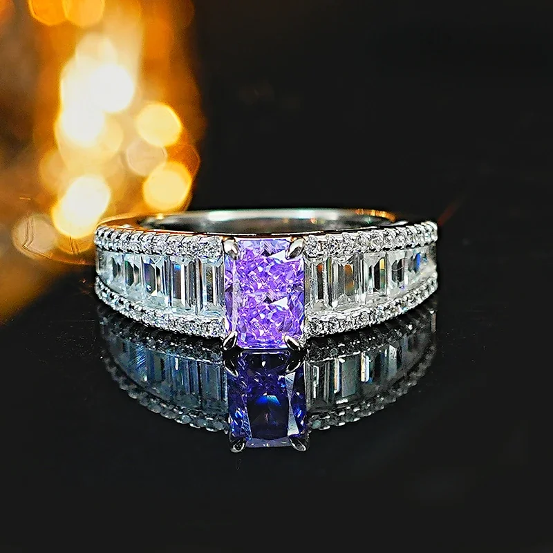 

Desire Light Luxury and Niche Violet Crushed Ice Cut 925 Silver Ring Set with High Carbon Diamond Rectangular Minimalist Ring