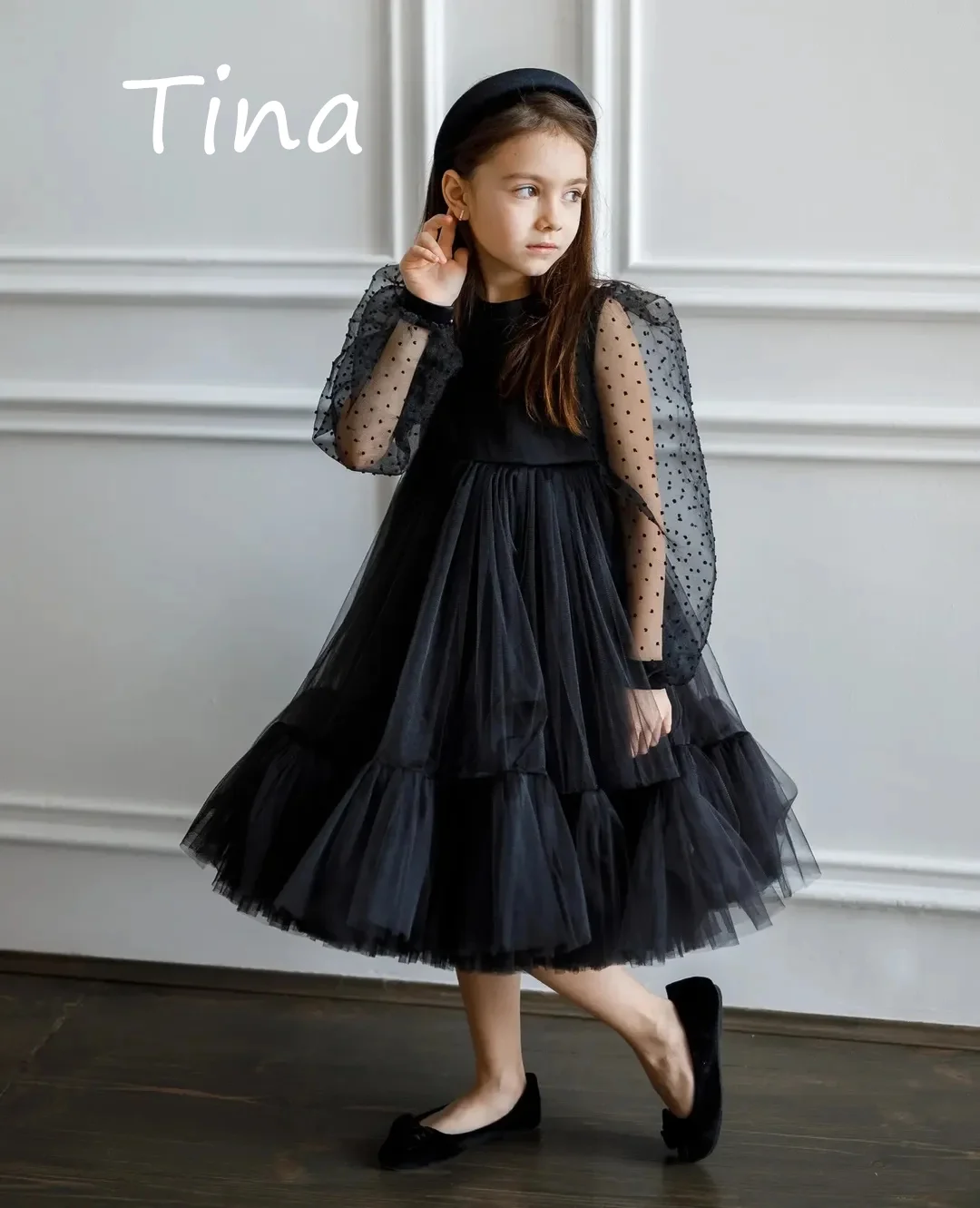 Princess Black Custom Flower Girl Dress for Wedding Tulle Puffy Knee Lenght Kids Birthday Party First Communion Ball Gown