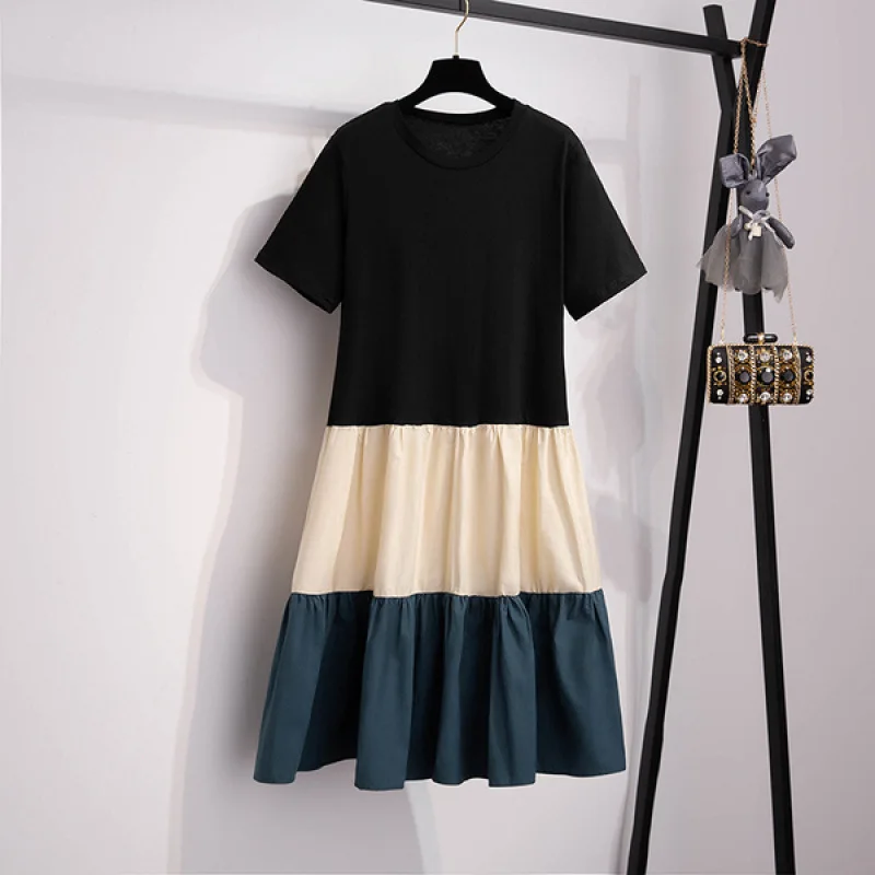 Summer Shirt Dress Color Block Loose Midi Knee-Length Student Fashion Street Style High Waist A-Line Skirt Short Sleeve round...