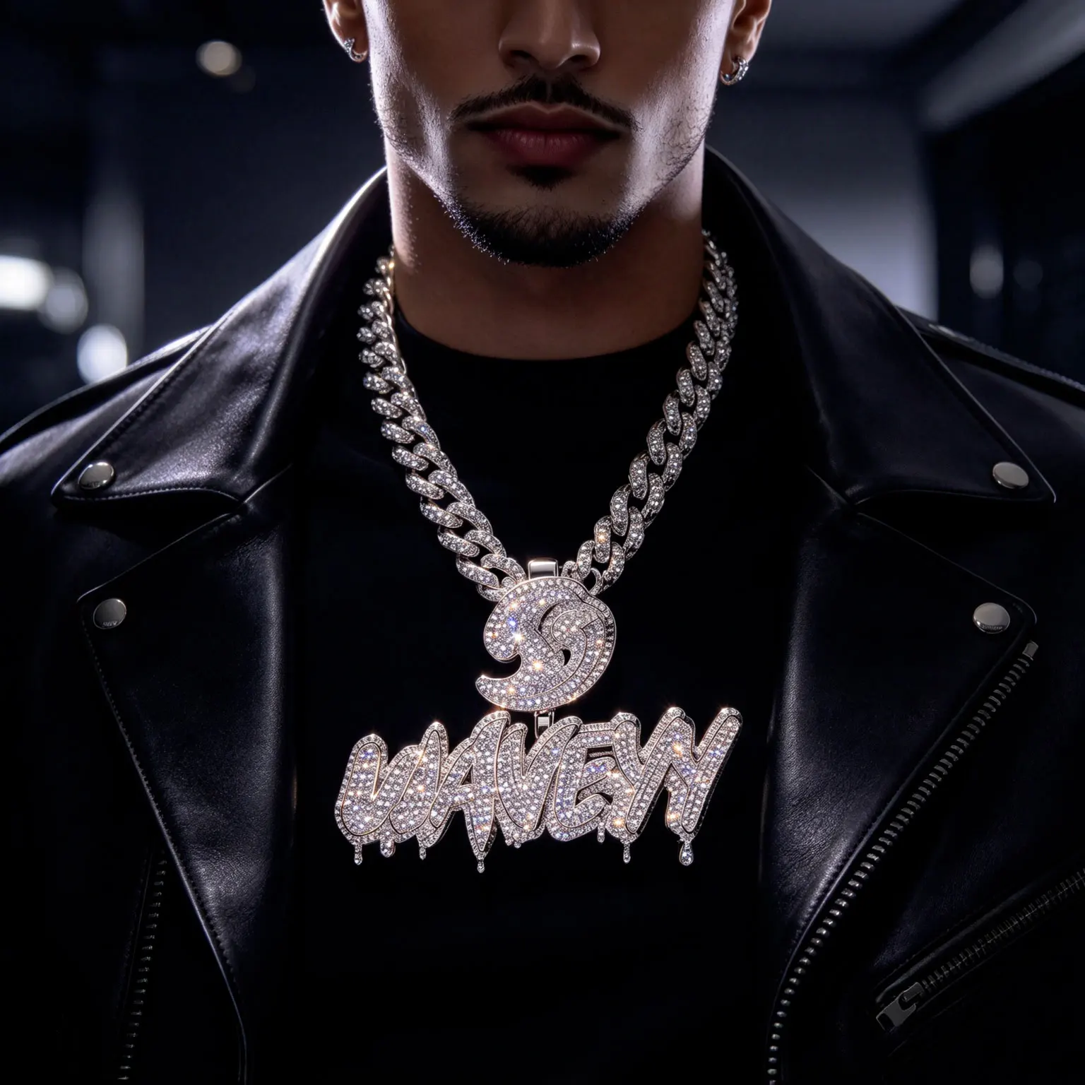Iced Out With a Touch of Blue WAVEY Drip Letter Pendant Necklace White Gold Plated Full CZ Cubic Zirconia Bling Hip Hop Rapper Statement Jewelry Gift for Men