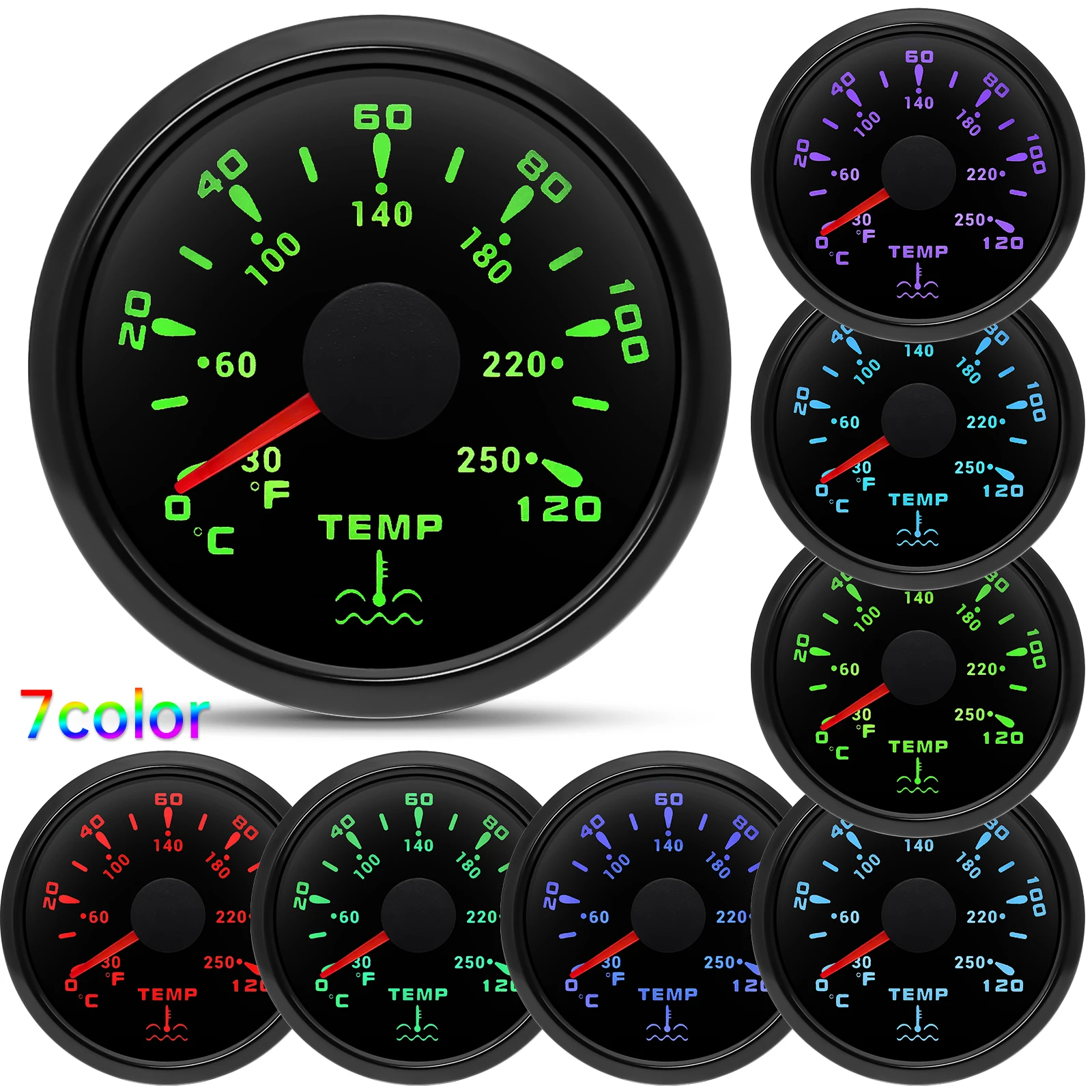 0-120℃ Water Temperature Gauge 7 Color Backlight 52MM Water Temp Meter Indicator for Diesel Petrol Marine Boat Yacht Car 9-32V