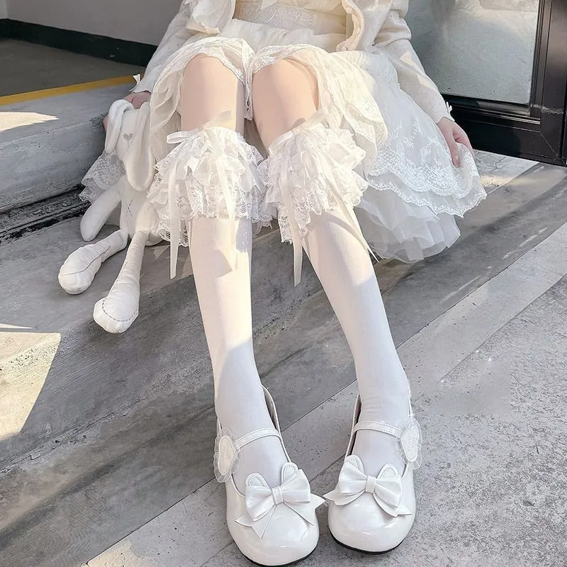 Three Layer Lace Ruffle Thigh High Socks Cream Lolita Japanese Bow Long Socks Girly Slimming Over Knee Calf Fashion Legwear