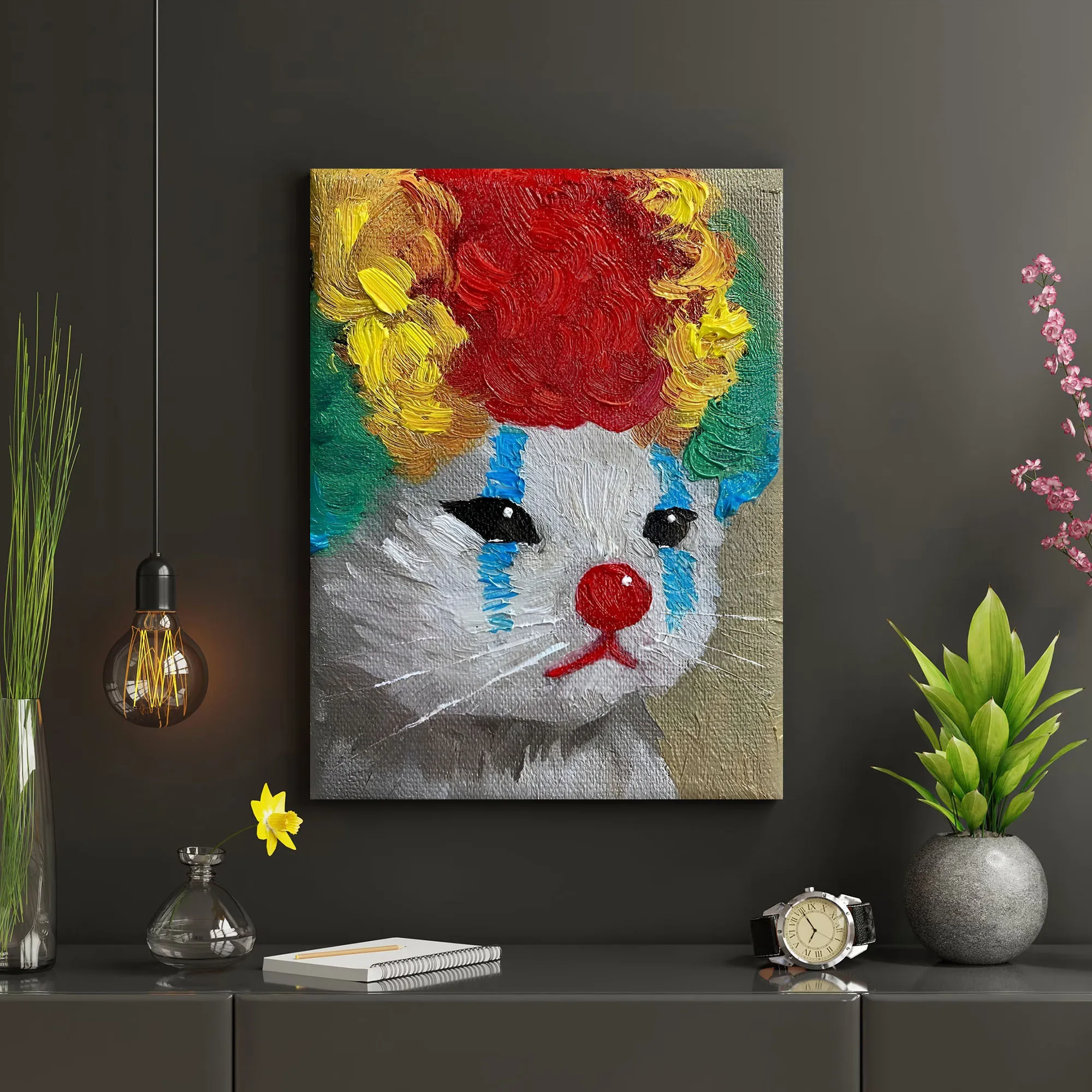 (No frame)2D Flat, 2D Flat, 2D Flat Framed Canvas Wall Art Featuring a Whimsical Clown Cat in a 2D Flat Design, Perfect for A