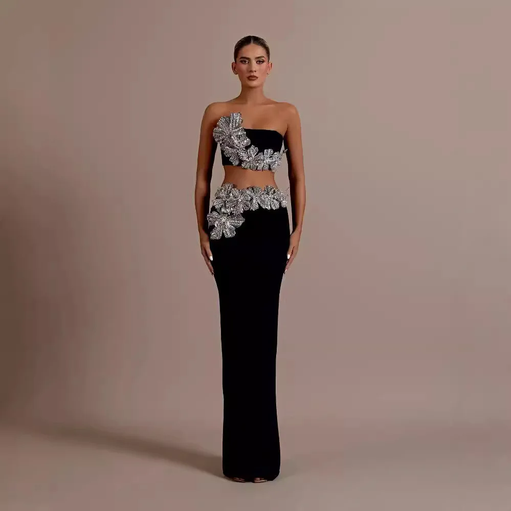 

Новое модное платье-бандо в стиле индустриального дизайна, длинное платье с цветочным принтом и облегающим поясом, комплект из двух предметов для вечеринок, для внешней торговли