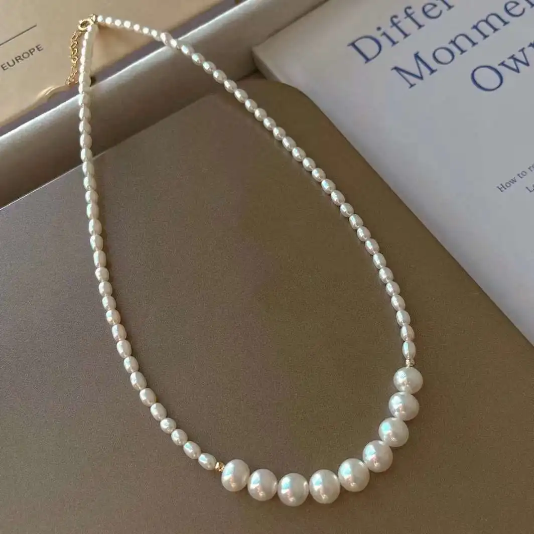 

Advanced Retro French Necklace 5-6mm and 8-9mm Natural Freshwater Rice Pearl Necklace Women's Fashion Pearl Jewelry