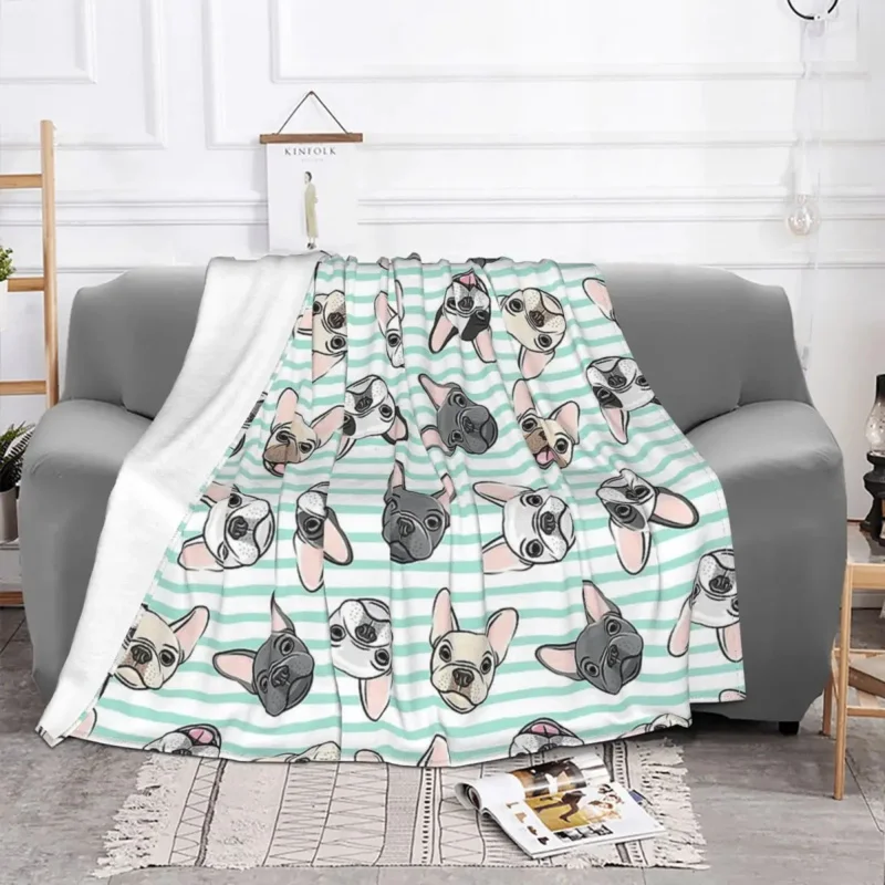 French Bulldog All The Frenchies Aqua Stripes Portable Warm Throw Blankets for Bedding Travel