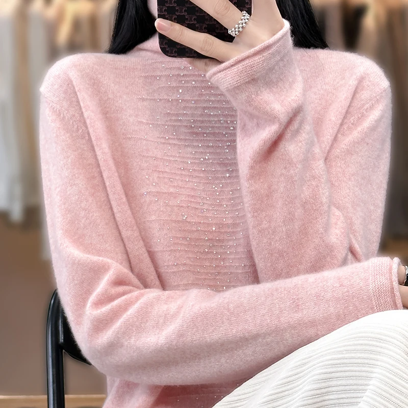 Spring And Autumn New 100% Pure Woolen Sweater Pile Collar Long-Sleeved Pullover Sweater Women's Clothing Blouse -WRM094