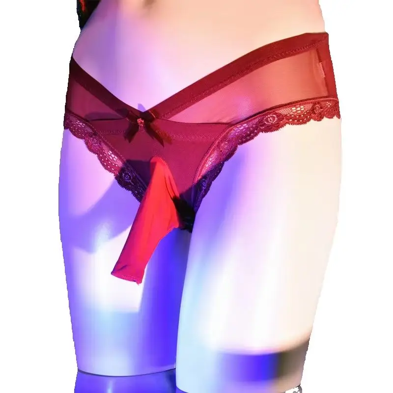 New Sexy Men's Underwear Pouch Transparent Briefs Closed Sheath Large Size V Word Bow Lace Gay Panties