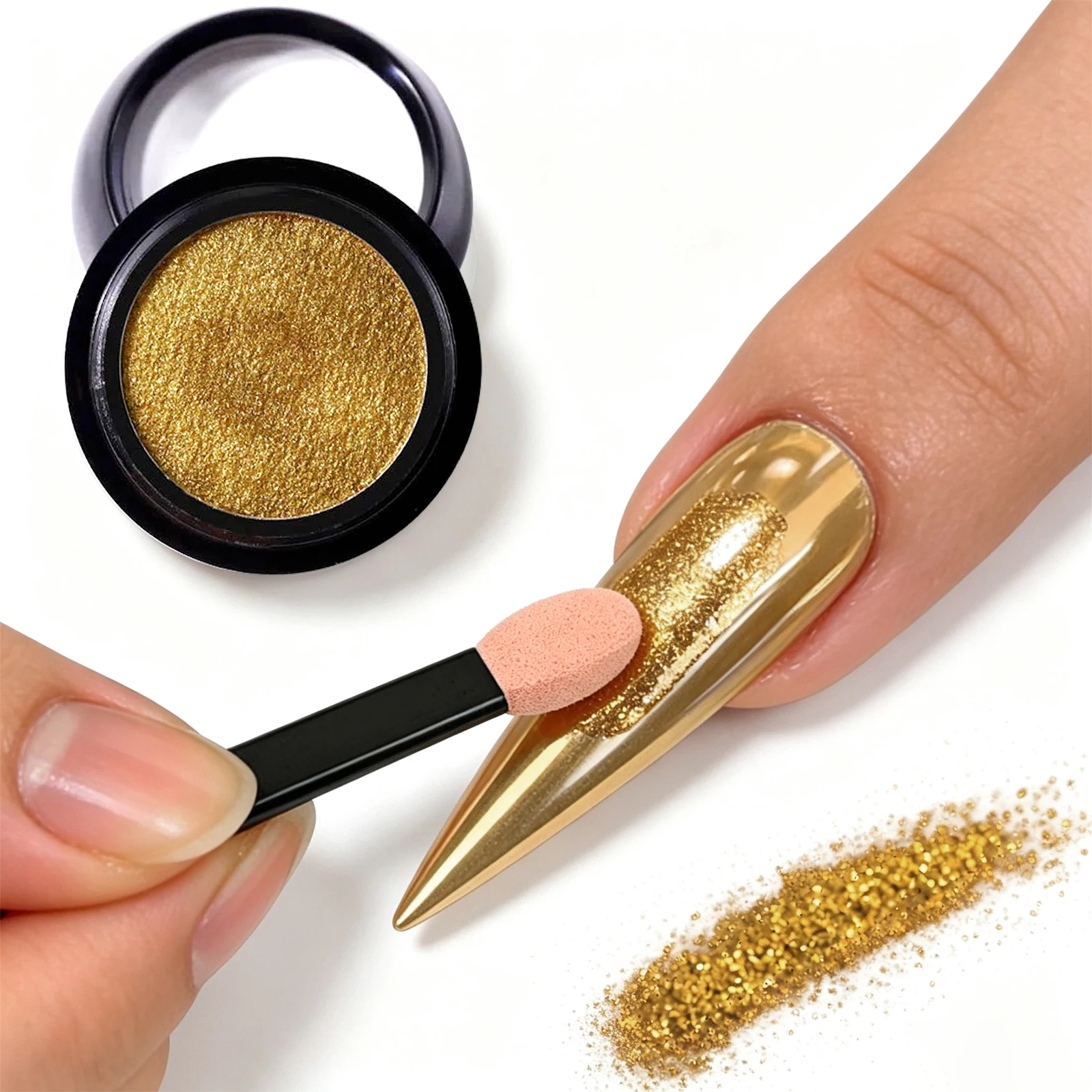 Goldener Spiegel-Chrom-Nagelpuder mit Metalleffekt, Nagelglitter mit Schwammstab, DIY Nagelkunst, Salon-Maniküre-Dekorationspigment – Detail 3