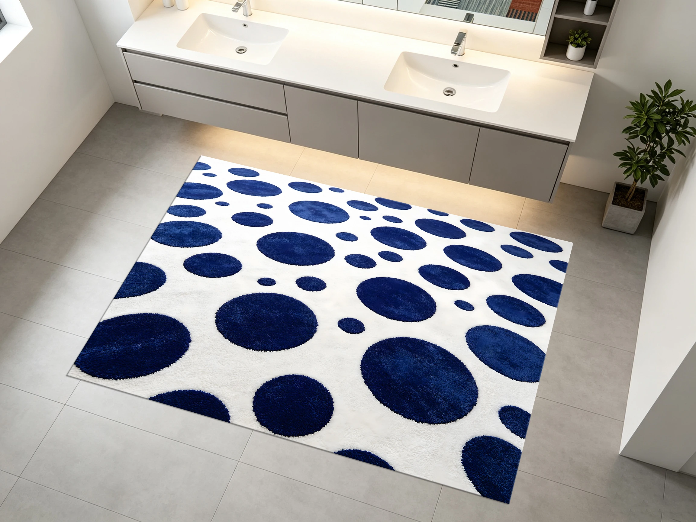 2D Large Rug with White Background & Navy Blue Polka Dots, Simple, Soft & Comfortable, for Living Room & Bedroom, & Premium