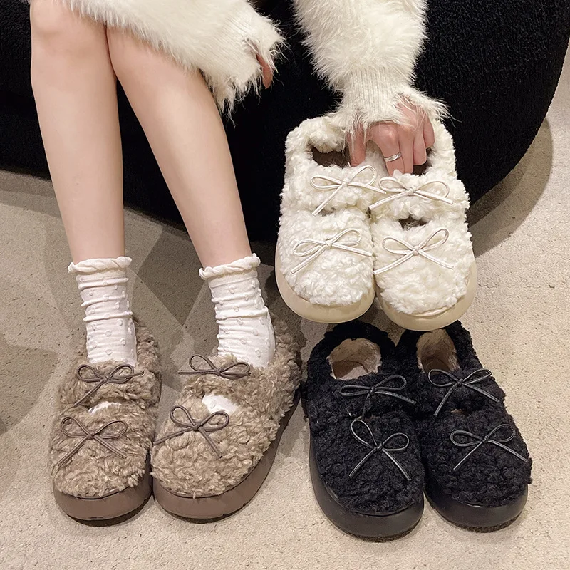 Women Winter 2024 New Artificial Plush Women's Booties Shoes Plush Fashion Retro Bean Shoes Cotton Women's Flat Sole Slippers