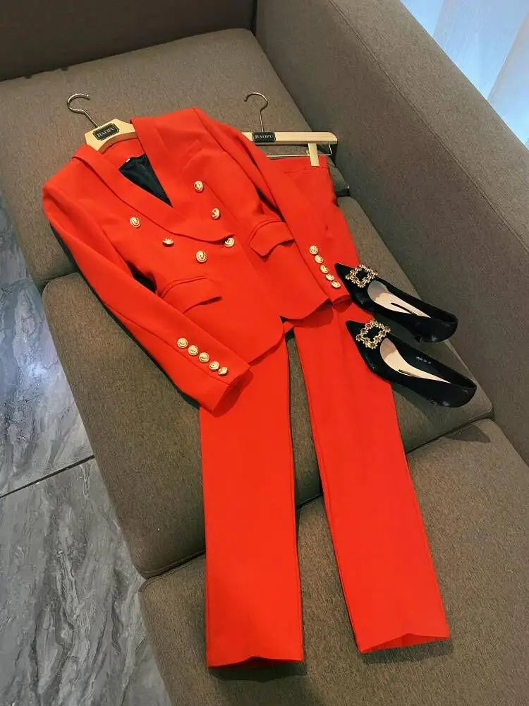 

Spring 2026 Slim Fit Lion Button Suit Jaet High Waist Elastic Cuffed Pants Two Piece Set Office Commute Sle Pure Color