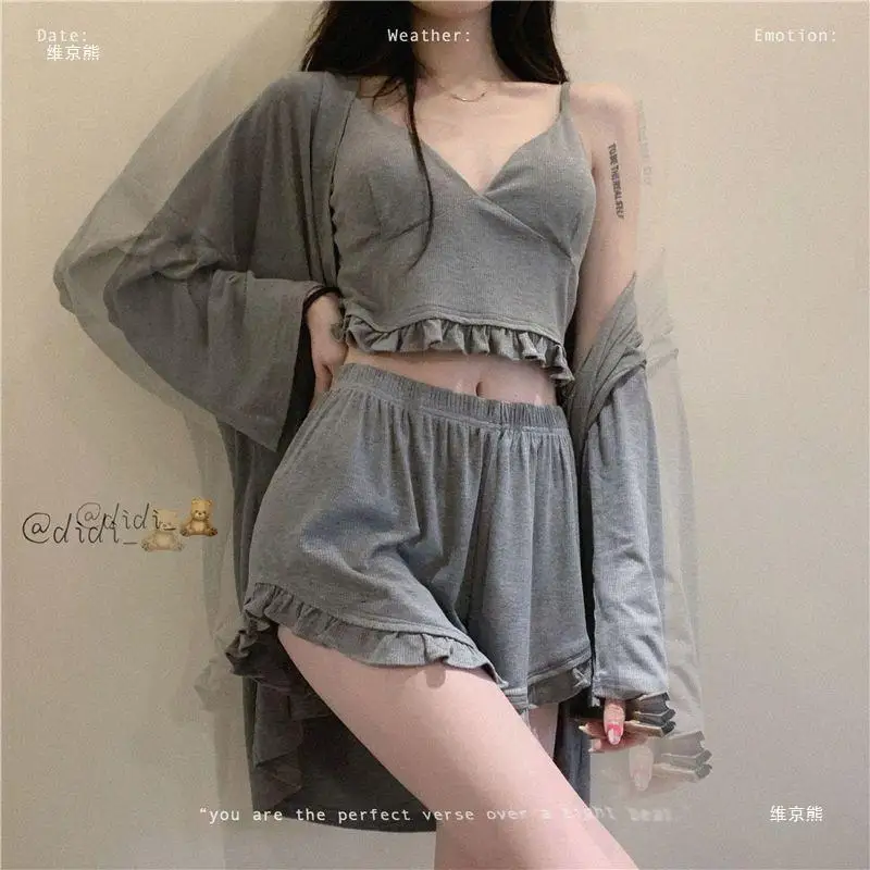 

Women's Pajama Set Summer Long Sleeve 3 Pieces Set Ladies Sleepwear with Shorts Ruffles Solid Korea Style Pijama Suit for Female