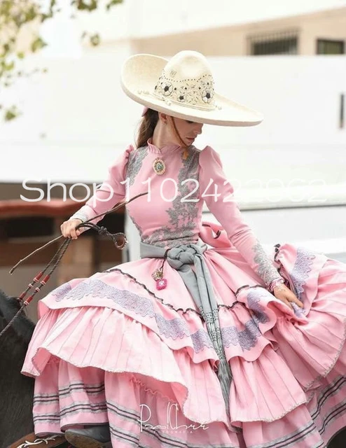 Charreria fiesta Mexican Pink Prom Birthday Dresses 2024 High Neck Lace Applique Ruffles Evening Outfit Gown Wear AliExpress