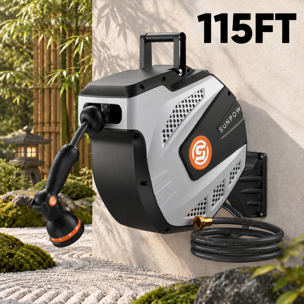 SUNPOW Wall Mount Retractable Garden Hose Reel, 1/2