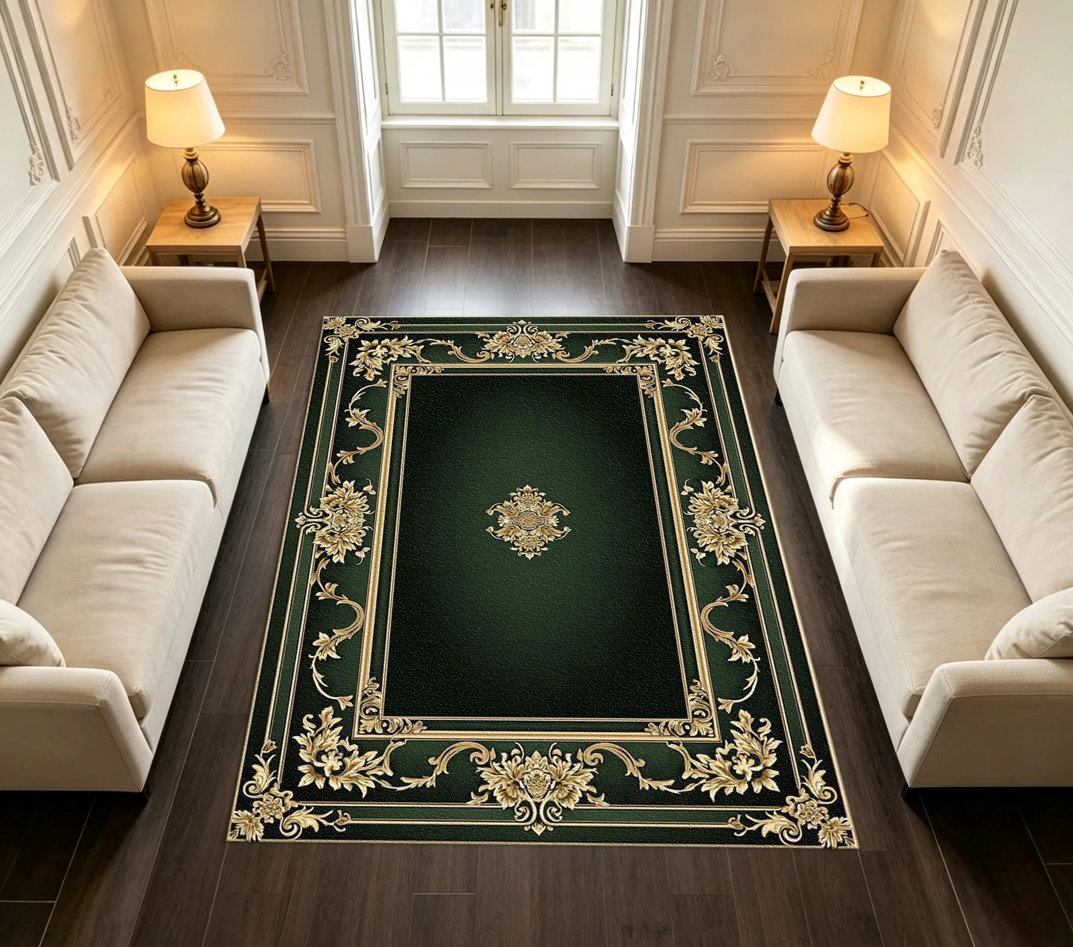 Dark Green and Gold Baroque Frame Carpet Floor Luxury Vintage Ornate Carpet Decorative Indoor Carpet