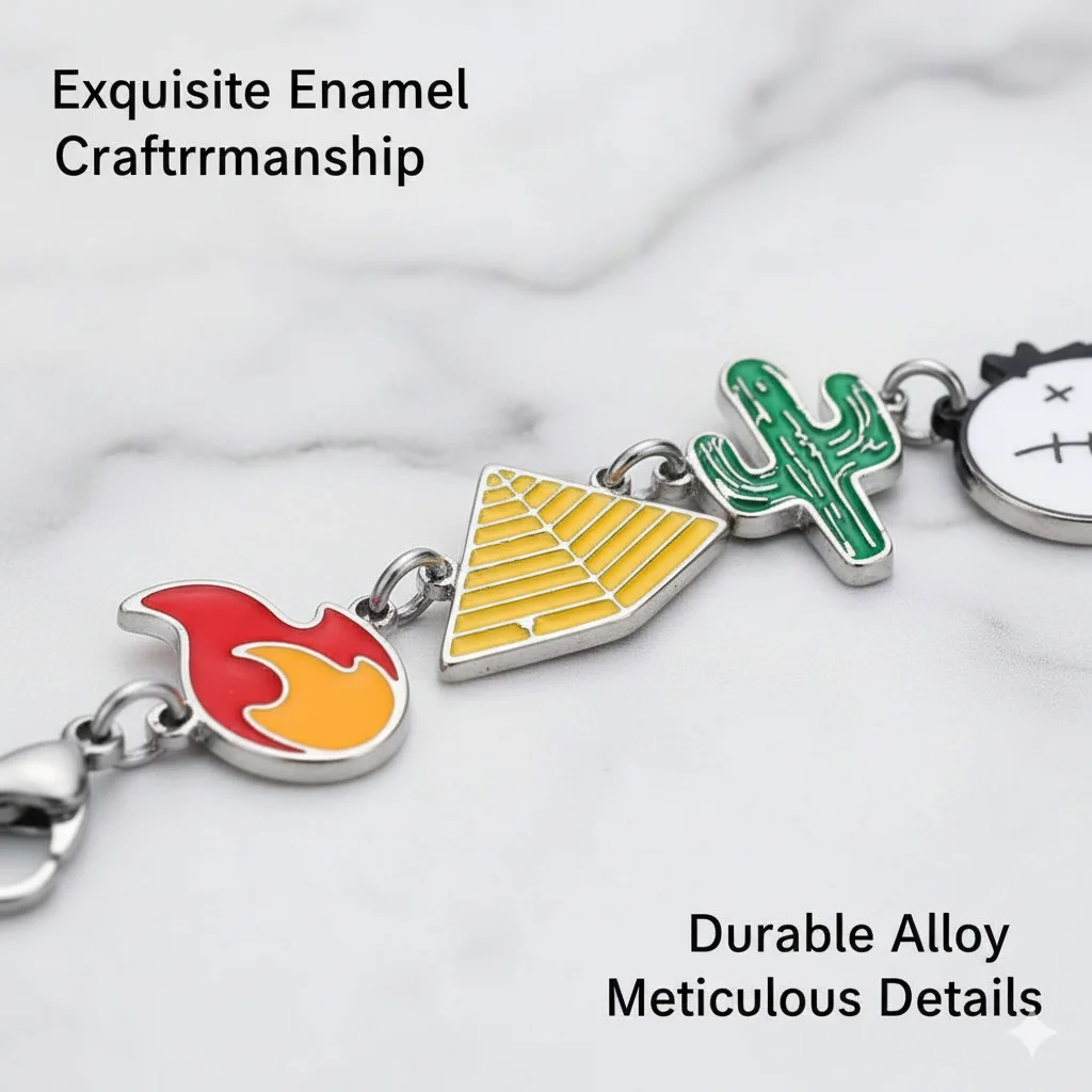 Colorful Hip Hop Bracelet with Cartoon Enamel Charms Adjustable Metal Chain Rap Style Jewelry for Men Women Teen Streetwear