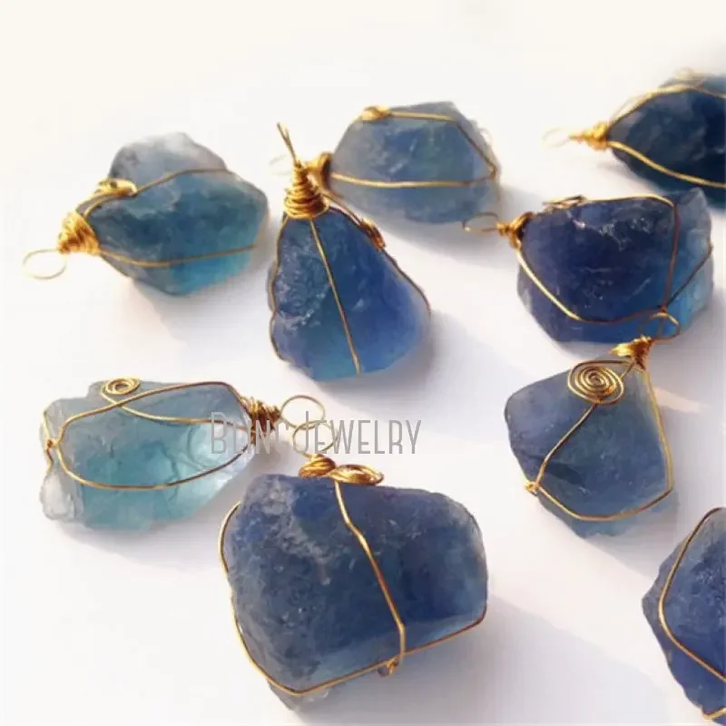 

10pcs Blue Raw Fluorite Stone Necklace Pendant Wire Wrap Healing Crystal Ankh Pendulum Charm Spiritual Chakra Jewelry