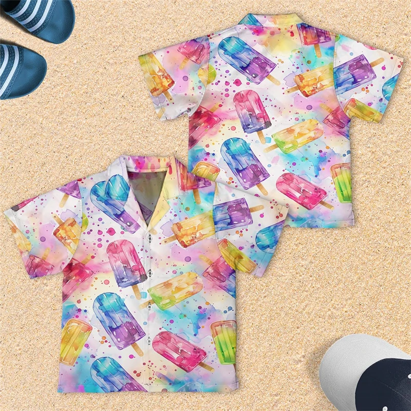 Abstract Icecream 3D Printed Lapel Blouse Hawaiian Chocolate Cone Ice Cream Boy Blouses Popsicle Aloha Short Sleeve Beach Shirts