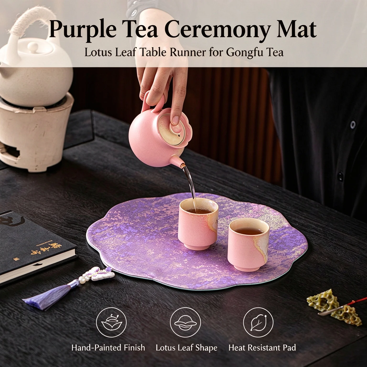 New Chinese Style Oval Purple Fabric Tea Mat Embroidered Butterfly Brocade Beaded Dry Tea Tray Mat for Kung Fu Tea Decor