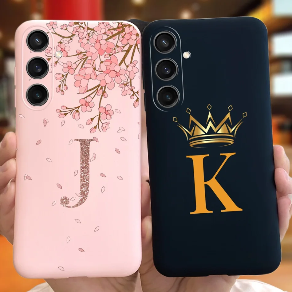 For Samsung Galaxy A15 Fashion Crown Sakura Initial Letter Case For Samsung A15 SM-A155F A 15 4G Soft Silicon Phone Bakck Cover