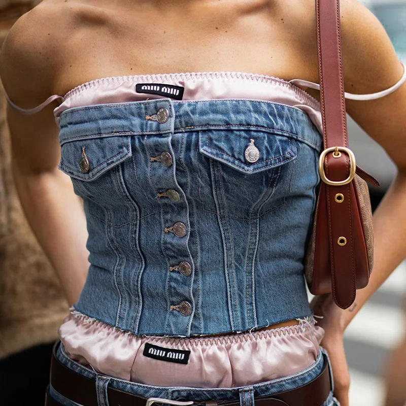 Summer Women Denim Corset Top Single Breasted Corsets Bustiers Crown Girdle Back Pleats Low-cut Corset Tops Curve Shaper Street