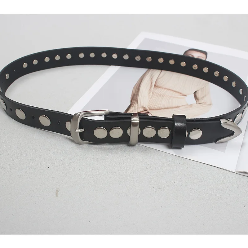 Round studded belt Genuine leather high-quality punk style women\'s belt