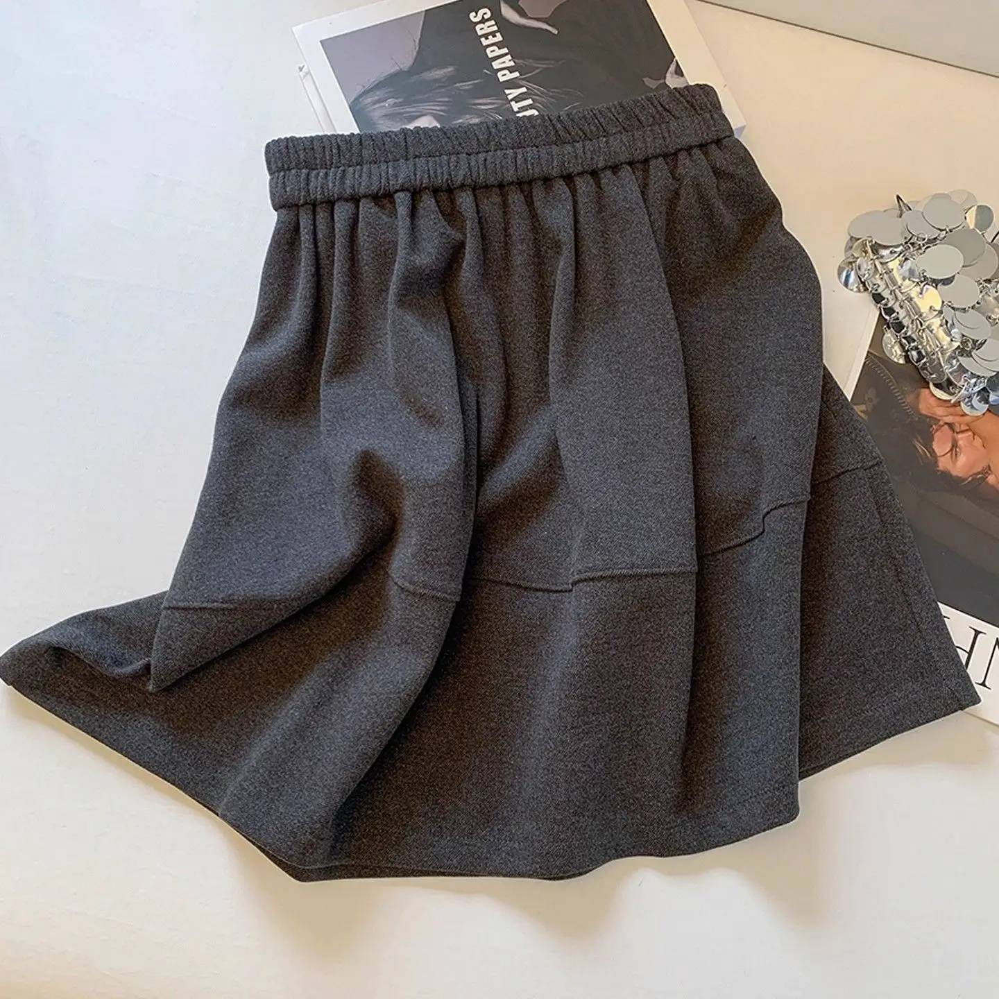 

Korean Style Grey Woolen Bloomer Skirt Women's Autumn Winter New Sweet Versatile Slim High Waist A-Line Fluffy Midi Skirt