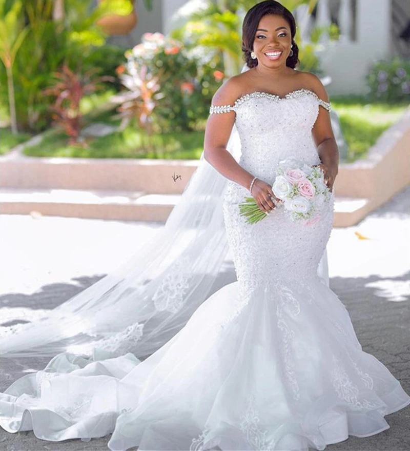 Vestido de novia de sirena Africana árabe con cuentas de cristal, escote Corazón, apliques de encaje, vestidos de novia elegantes, corsé con cordones, talla grande