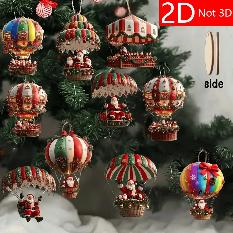 Ciondolo piatto in legno 2D Palloncino ad aria calda in legno di Natale Babbo Natale Decorazione dell'albero di Natale Decorazione regalo di festa 10 pezzi / borsa