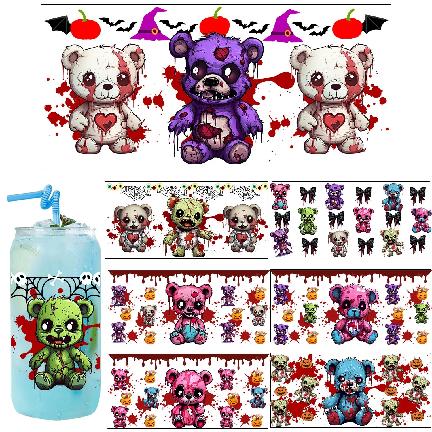 Horror Spooky Vibe Doll easy peel waterproof Party DIY Decals 3D transfers uvdtf tumbler seal stickers 16oz uv dtf cup wraps