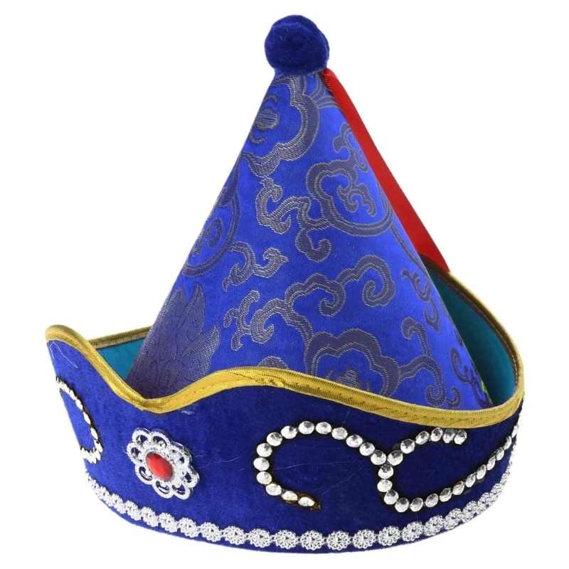 X5XA Unisex Mongolian Exotic Hat Comfortable Fabric with Rhinestones Elegant Embroidery Exotic Blue Mongolian Hat