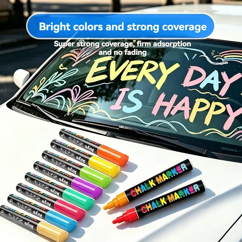 8 Colors 6mm Wet Erase Chalk Markers, Washable Neon Window Pens for Blackboard, Glass & Sign Decor Writing Supplies