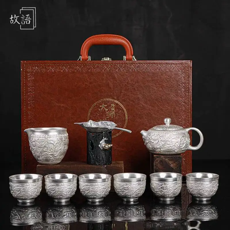 Guoyu Light Luxury 999 Pure Silver Gilded Kung Fu Teapot Teacup Complete Set High-End Household Tea Brewing Cup Gift Box