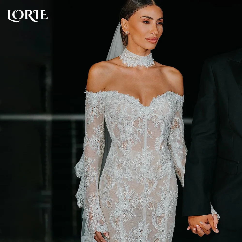 

LORIE Vintage Lace Wedding Dresses Pearls Strapless Off Shoulder Mermaid Bridal Gown Applique Long Sleeve Bride Dress Customized